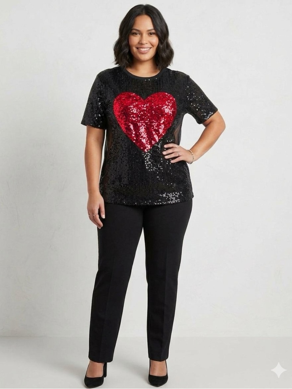 BiBi Black Tee with Red Sequin Heart Accent Sample See Tag